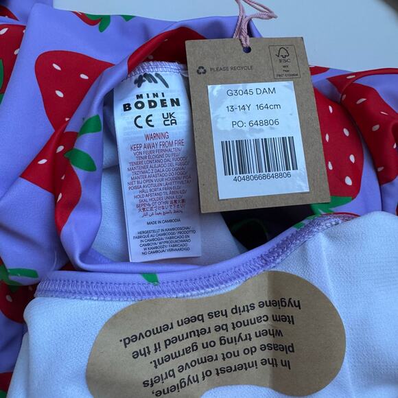 NWT Mini Boden Girls 13/14 Rashguard Swimsuit Strawberry Purple Bathing Suit - Picture 2 of 3